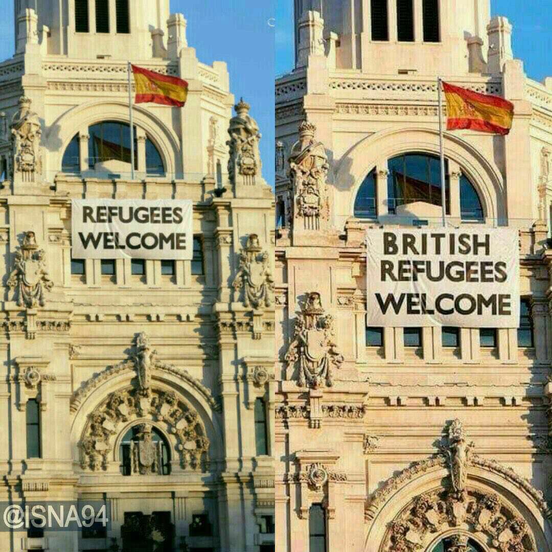 ساختمان مشهوری در اسپانیا که روی آن نوشته شده "مهاجران انگلیسی پذیرفته می‌شوند".اما  این عکس واقعی نیست و نوعی کنایه به انگلیسی هایی است که رای به خروج از اتحادیه اروپا دادند